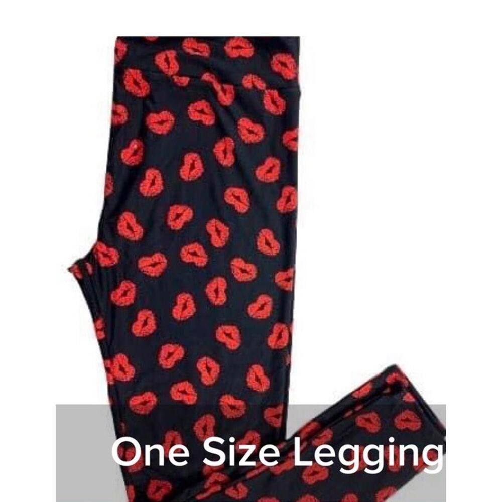 Sz 0-10 New LuLaRoe Valentines Day Red Heart Lips On Black Leggings. Ships Fast